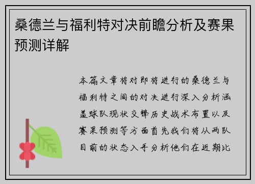 桑德兰与福利特对决前瞻分析及赛果预测详解